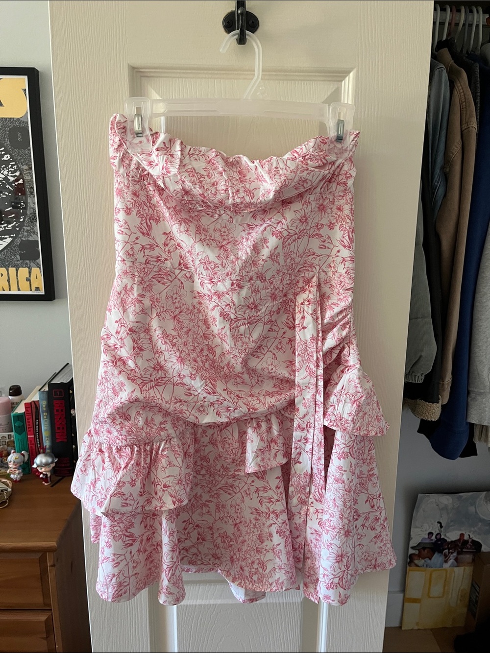Pink Strapless Floral Ruffle Dress